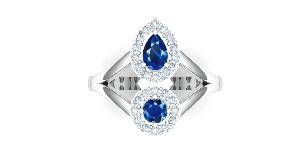 ZAREYA Sapphire Bloom Ring – 925 Silver with Dual Halo Blue Stones