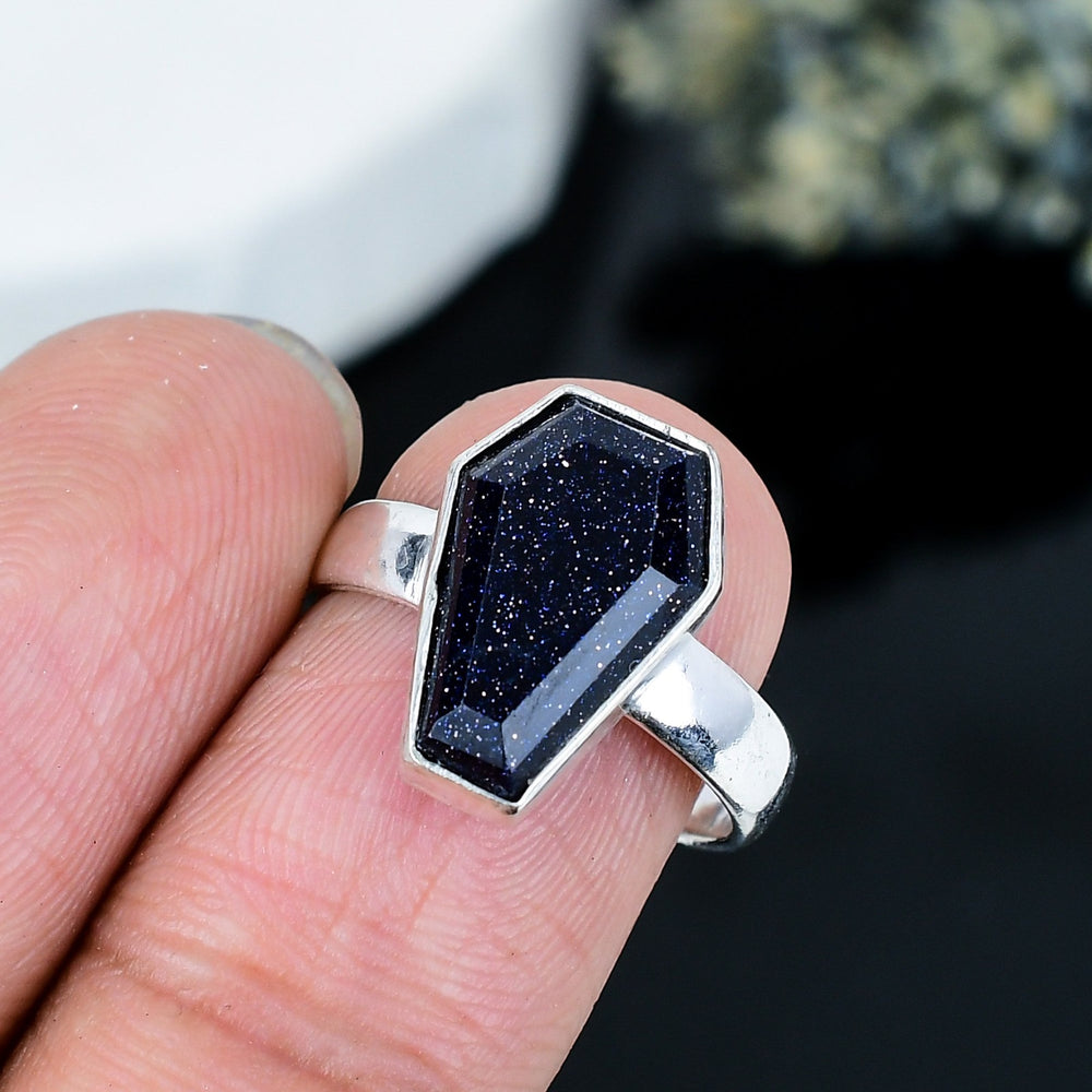 ZAREYA Blue Goldstone Ring – 925 Silver | Coffin-Cut Starry Night Statement