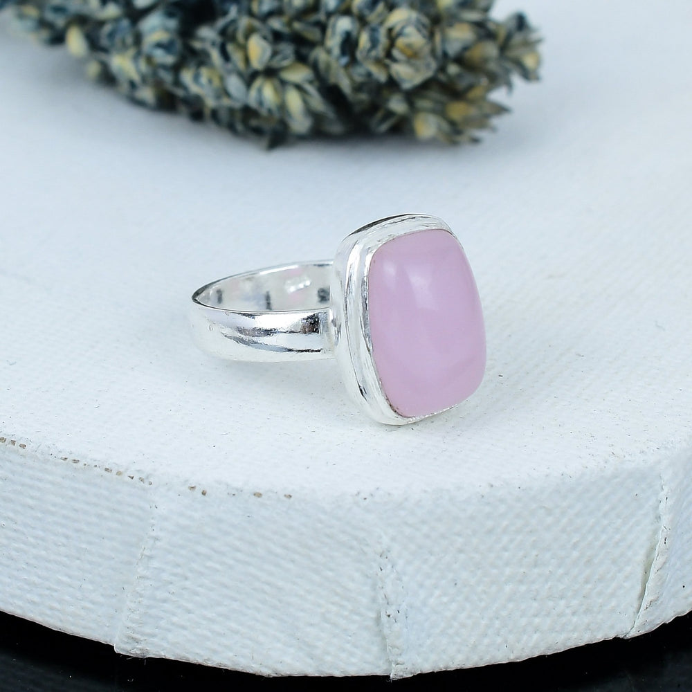 ZAREYA Pink Chalcedony Ring – 925 Silver | Rectangular Soft Glow Statement