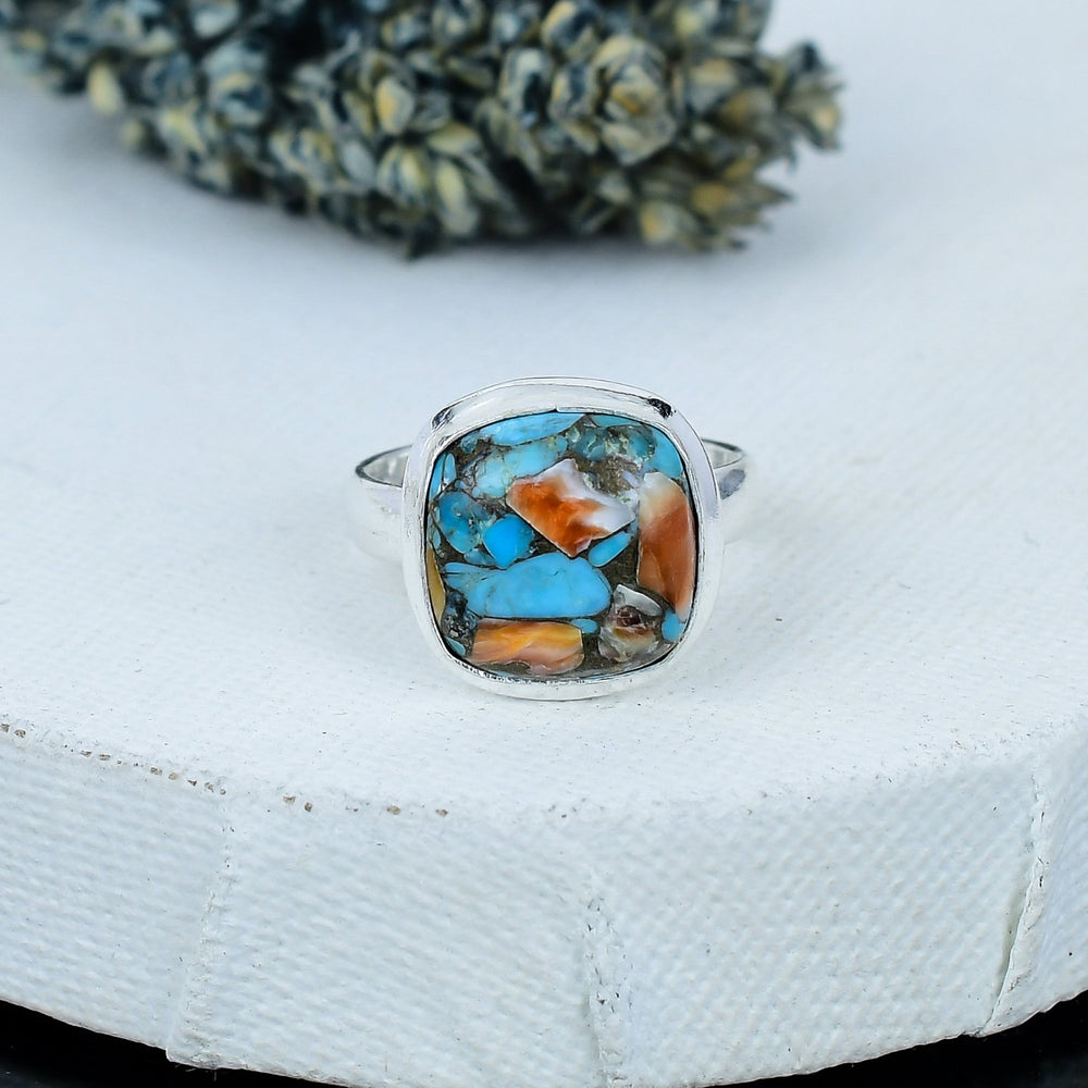 ZAREYA Mosaic Turquoise & Spiny Oyster Ring – 925 Silver | Artistic Gemstone Fusion