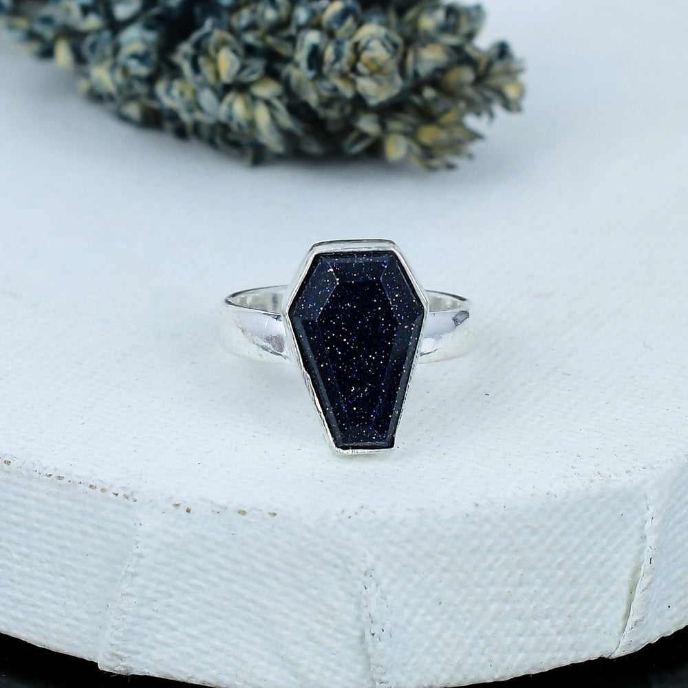 ZAREYA Blue Goldstone Ring – 925 Silver | Coffin-Cut Starry Night Statement
