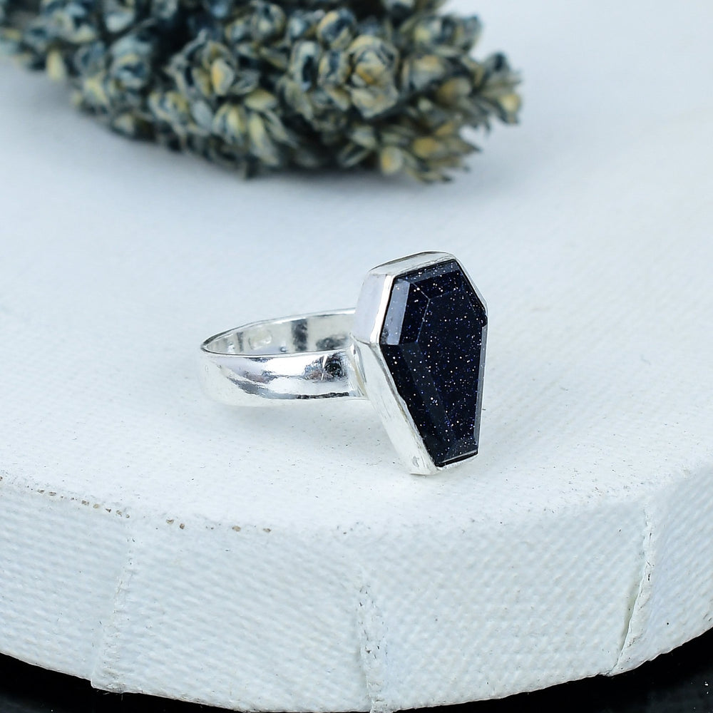 ZAREYA Blue Goldstone Ring – 925 Silver | Coffin-Cut Starry Night Statement
