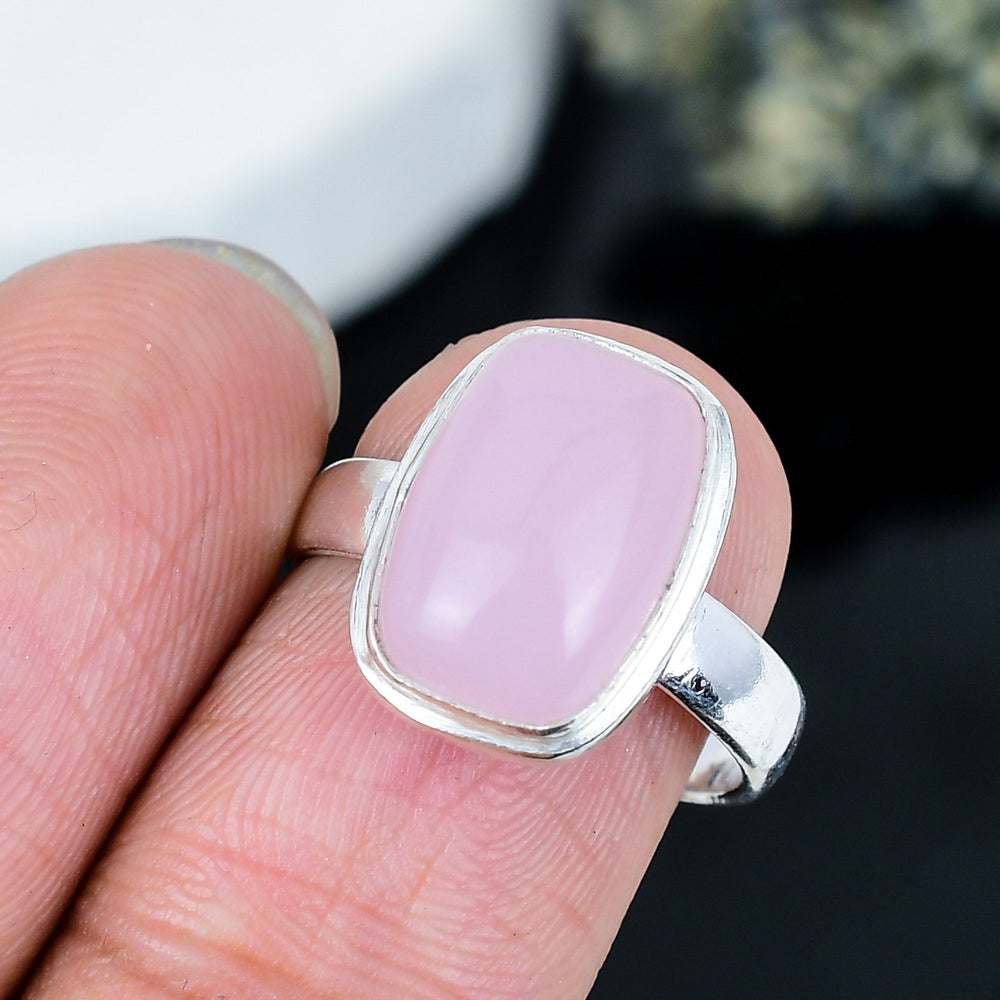 ZAREYA Pink Chalcedony Ring – 925 Silver | Rectangular Soft Glow Statement