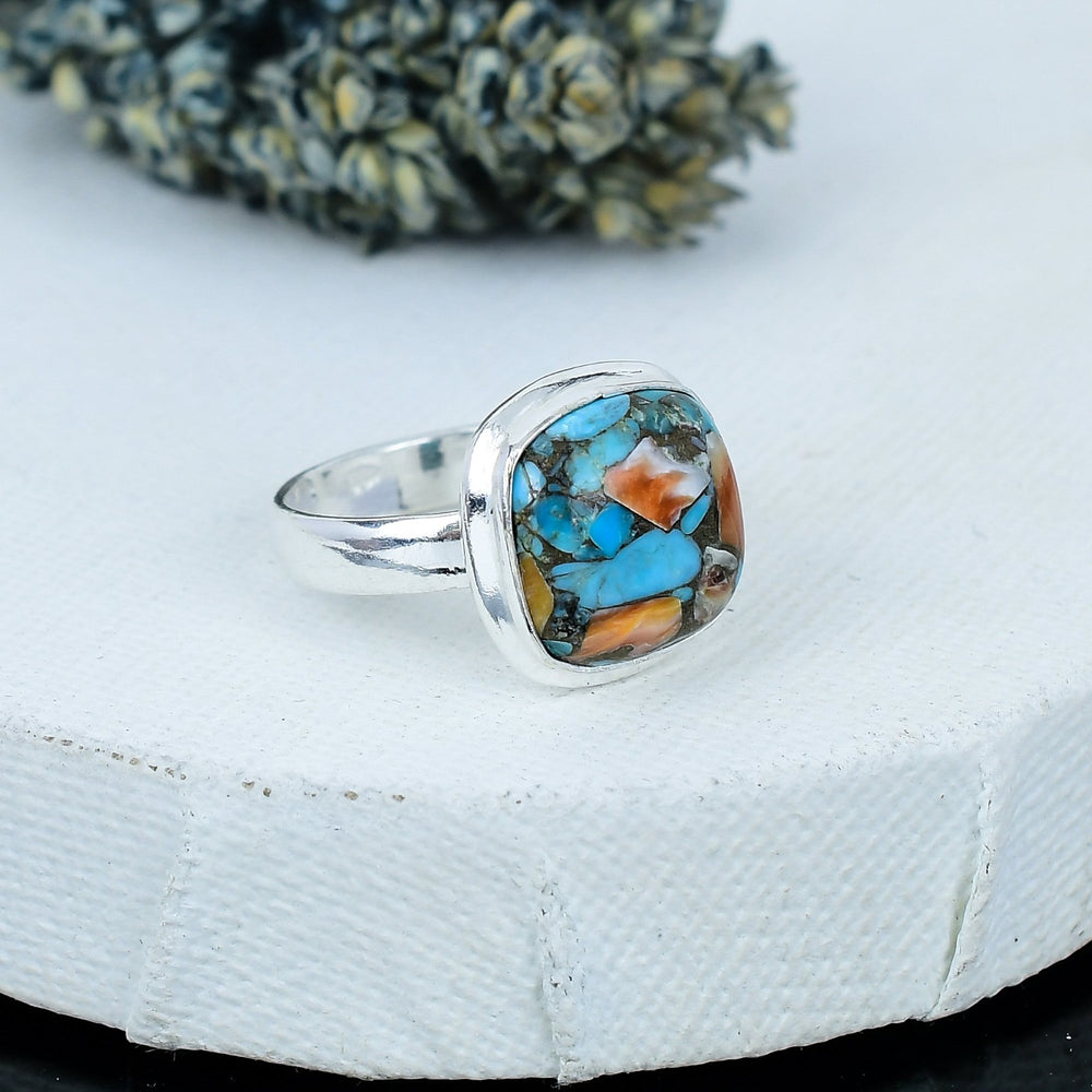 ZAREYA Mosaic Turquoise & Spiny Oyster Ring – 925 Silver | Artistic Gemstone Fusion