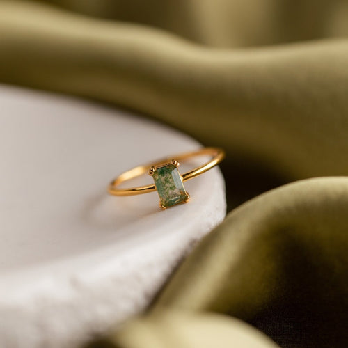 ZAREYA Green Moss Agate Ring – 925 Sterling Silver | Minimal Gold-Plated Statement Ring
