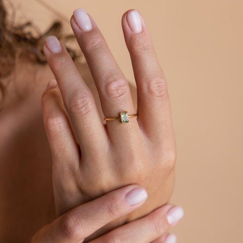 ZAREYA Green Moss Agate Ring – 925 Sterling Silver | Minimal Gold-Plated Statement Ring