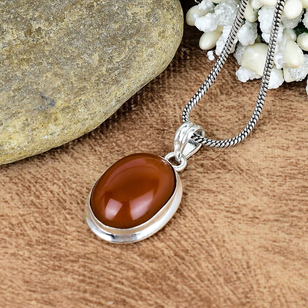 ZAREYA Fiery Carnelian Pendant – 925 Silver Oval Gemstone Necklace