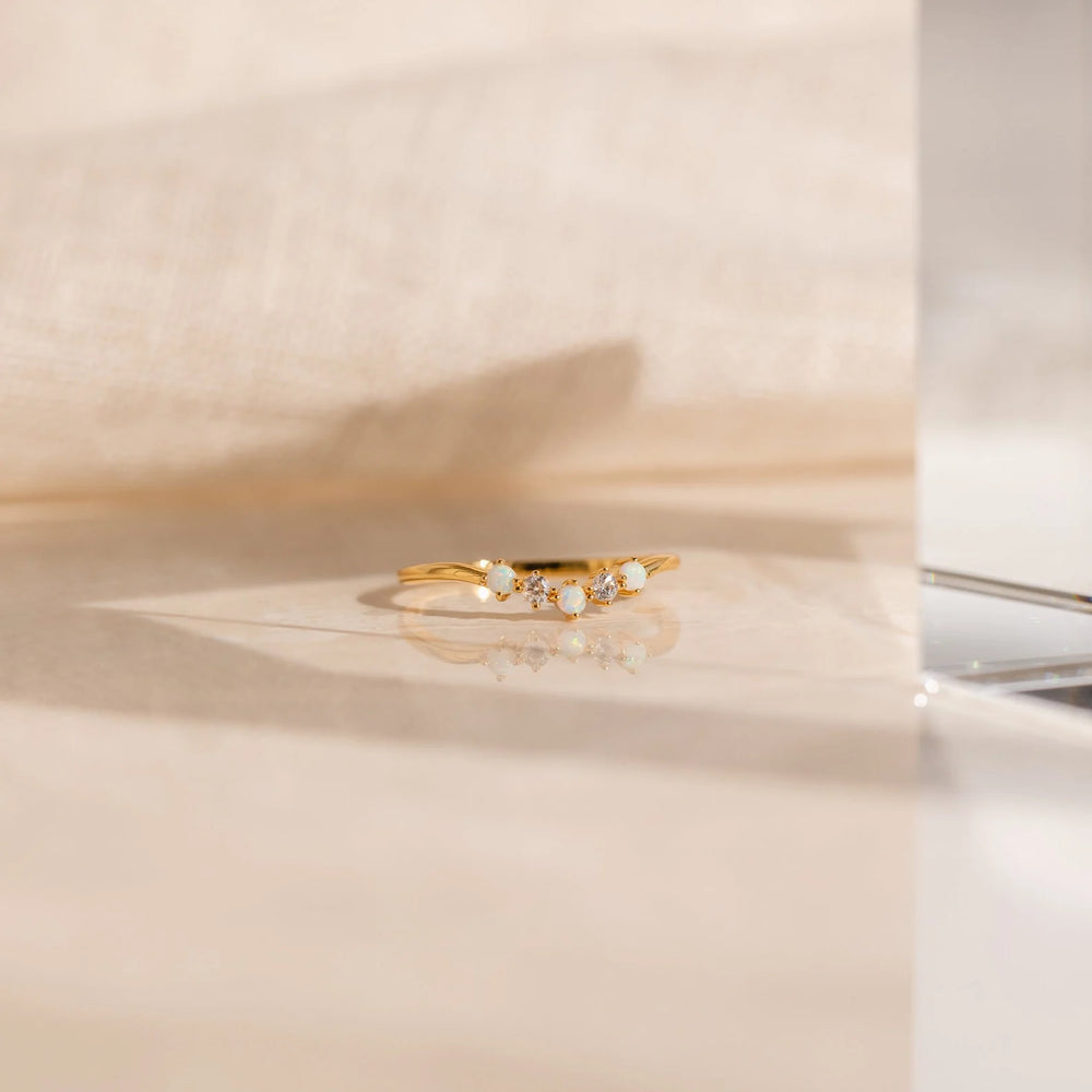 ZAREYA Opal V-Shape Ring – 925 Silver with Gold Finish | Minimalist Stacking Ring