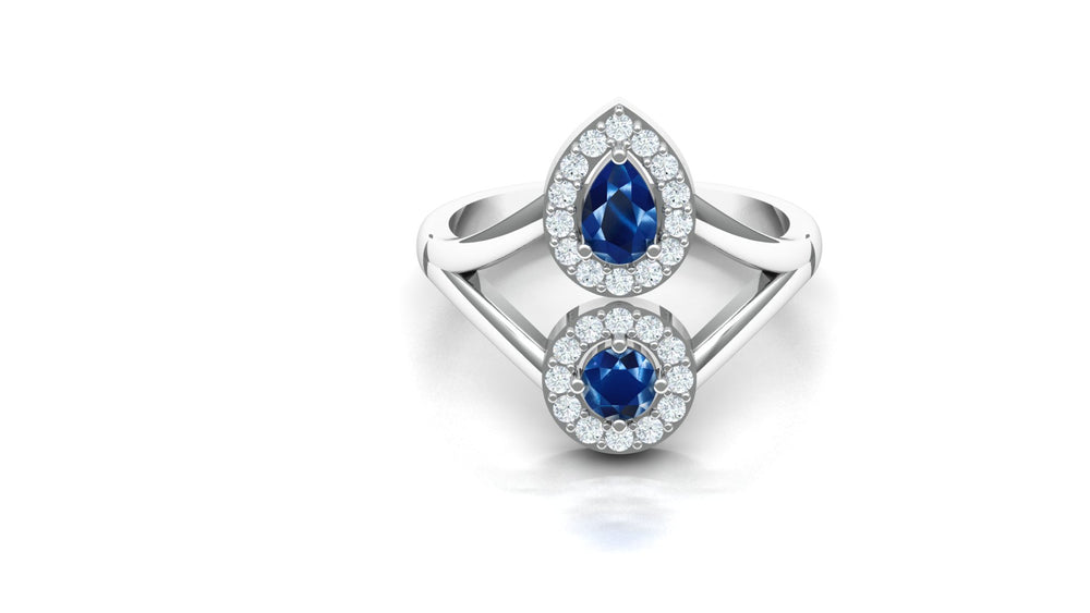 ZAREYA Sapphire Bloom Ring – 925 Silver with Dual Halo Blue Stones