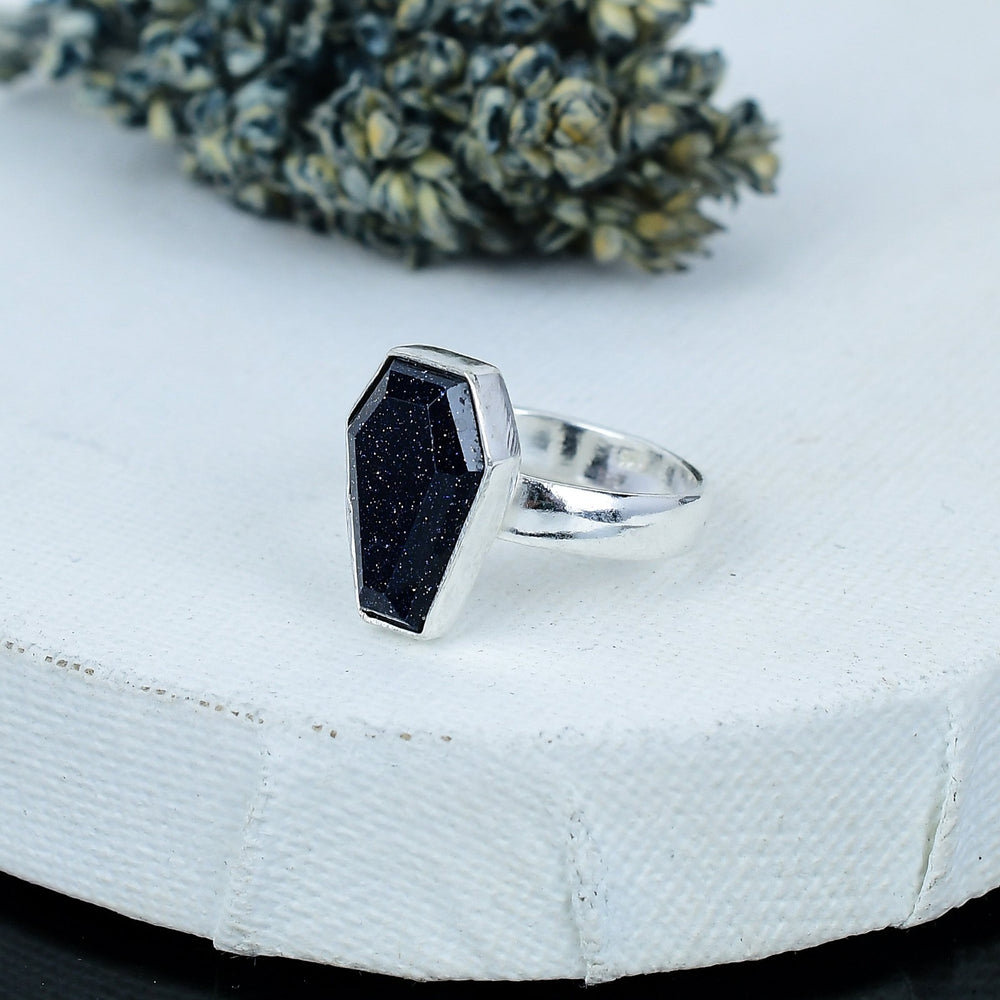 ZAREYA Blue Goldstone Ring – 925 Silver | Coffin-Cut Starry Night Statement