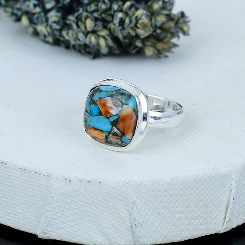 ZAREYA Mosaic Turquoise & Spiny Oyster Ring – 925 Silver | Artistic Gemstone Fusion
