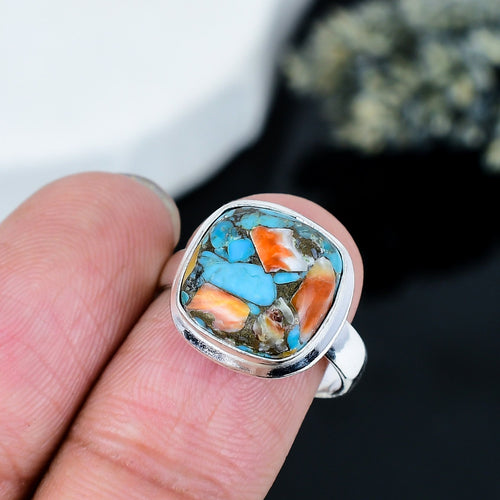 ZAREYA Mosaic Turquoise & Spiny Oyster Ring – 925 Silver | Artistic Gemstone Fusion