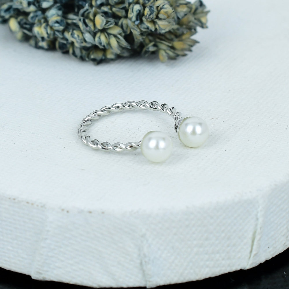 ZAREYA Twin Pearl Twist Ring – 925 Silver | Elegant Minimal Adjustable Ring