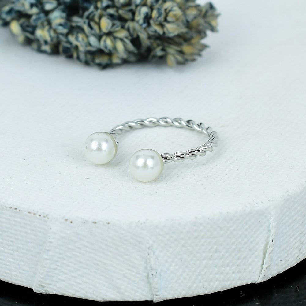 ZAREYA Twin Pearl Twist Ring – 925 Silver | Elegant Minimal Adjustable Ring