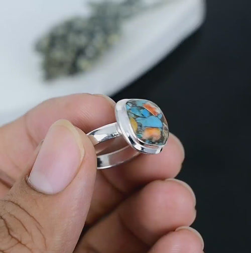 ZAREYA Mosaic Turquoise & Spiny Oyster Ring – 925 Silver | Artistic Gemstone Fusion