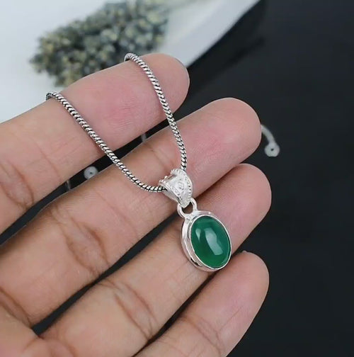 ZAREYA Green Onyx Oval Pendant – 925 Silver | Bold Minimal Charm Necklace: