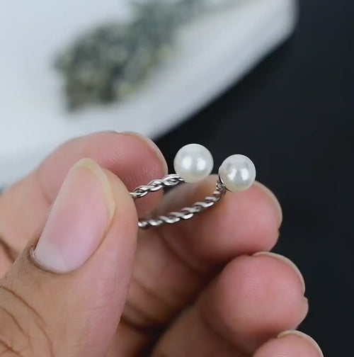 ZAREYA Twin Pearl Twist Ring – 925 Silver | Elegant Minimal Adjustable Ring