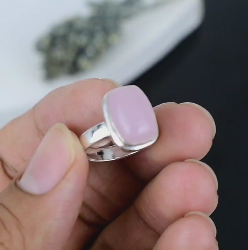 ZAREYA Pink Chalcedony Ring – 925 Silver | Rectangular Soft Glow Statement